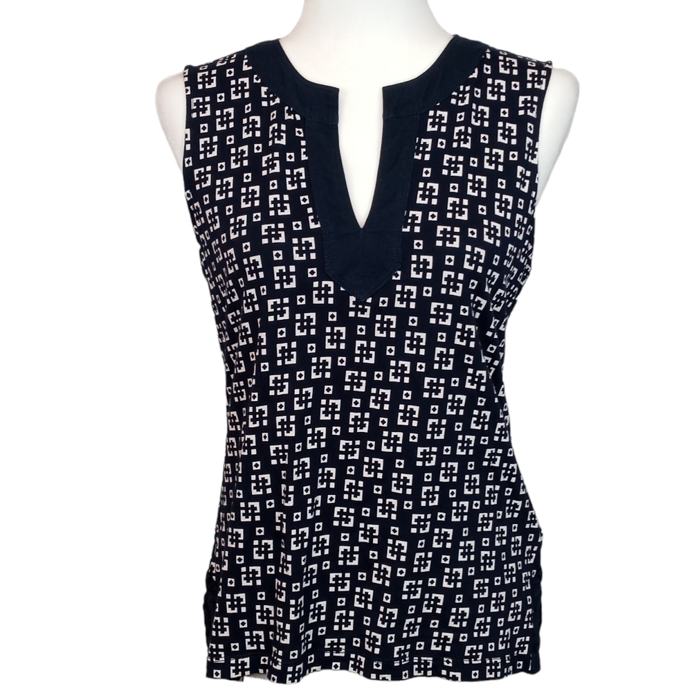 Chaps sleeveless blue white square pattern v-neck cotton pull on top Size LP